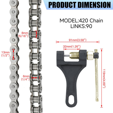 420 chain 90 links with breaker dimensions for 60T Mini Bike Sprocket With 420 Chain 90 Links Fits Coleman CT200U BT200X