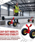 Two Pack Beefy Pipe Transport Cart With 360 Degree Rotating Cradle For Steel And PVC Pipes, Heavy Duty Pipe Dolly Carrier For Construction, Warehouse And Workshop, Handles Up To 1760 Lbs Load. Red steel pipe dolly with two wheels moving a large metal pipe.