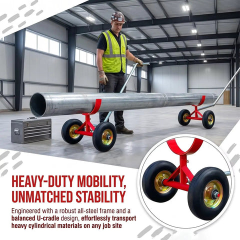 Two Pack Beefy Pipe Transport Cart With 360 Degree Rotating Cradle For Steel And PVC Pipes, Heavy Duty Pipe Dolly Carrier For Construction, Warehouse And Workshop, Handles Up To 1760 Lbs Load. Red steel pipe dolly with two wheels moving a large metal pipe.