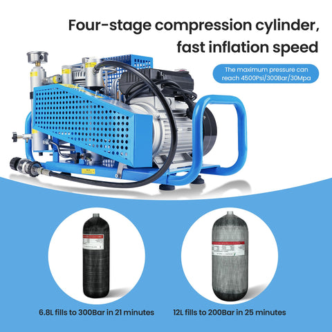 Beefy 4500 PSI PCP Air Compressor For Scuba Tanks And Paintball Gear, blue four-stage cooling unit with pressure cylinders