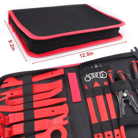 Trim Removal Tool Set With Pick And Clip Remover, plastic pry tools in red and black case, 24-piece kit for auto interiors