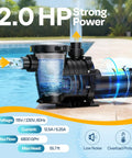 Heavy Duty Workhorse 2.0Hp Pool Pump Cranks Out 6800 Gph With Dual Voltage 115V Or 230V For In And Above Ground Pools Featuring Self Priming Impeller And Quiet Operation.