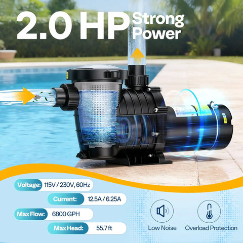 Heavy Duty Workhorse 2.0Hp Pool Pump Cranks Out 6800 Gph With Dual Voltage 115V Or 230V For In And Above Ground Pools Featuring Self Priming Impeller And Quiet Operation.