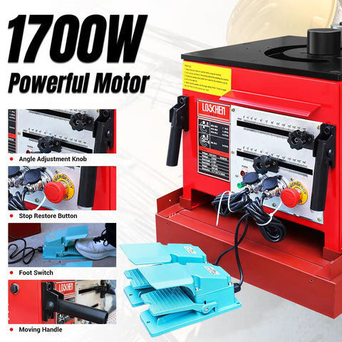 Lochen Electric Hydraulic Rebar Bender 1700W with angle adjustment knob and foot switch for efficient bending of steel rods.