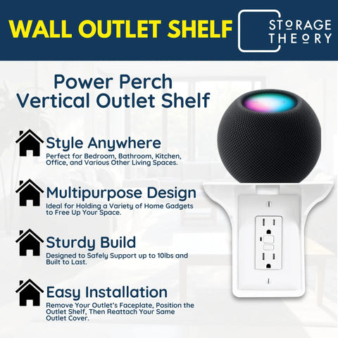 Floating Wall Outlet Shelf With Cord Storage Strap For Bedroom, Bathroom And Kitchen No Drill Needed To Reclaim Counter Space And It Fits Echo Dot, Alexa Stand, HomePod Mini, And More In White 1 Pack
