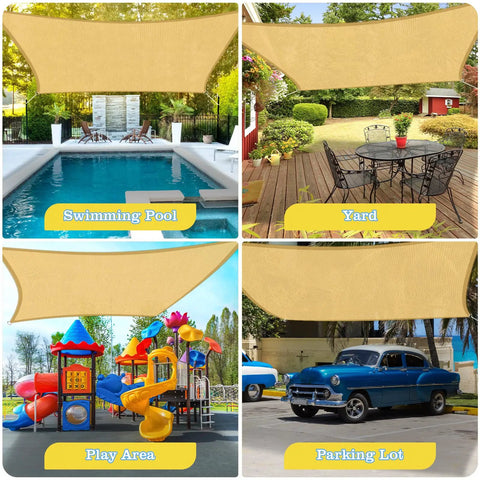 Heavy Duty UV Protection Shade Sail 10x13 Feet Beach Canopy for yard and garden shown in various outdoor settings.