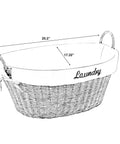 Rattan Laundry Basket With Easy Carry Handles And Removable White Cotton Liner, Natural Wicker Hamper, dimensions labeled