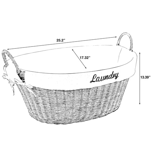 Rattan Laundry Basket With Easy Carry Handles And Removable White Cotton Liner, Natural Wicker Hamper, dimensions labeled