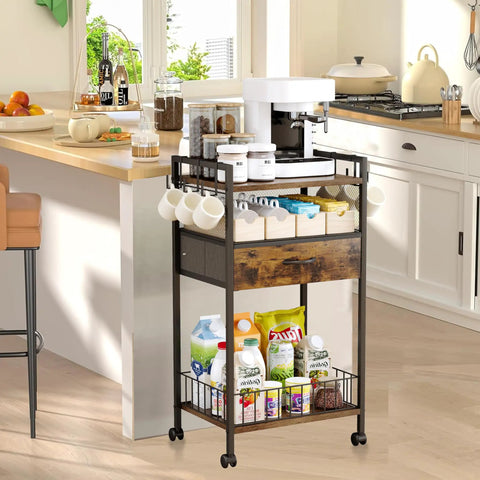 Compact Coffee Bar Cart With Secure Drawer And Hanging Mug Rack Real Cool Three Tier Station in modern kitchen