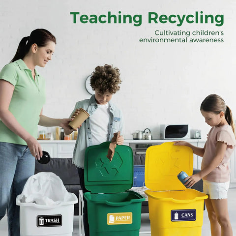 Family using bins with Set Of 6 Recycle Sign Stickers For Trash Bins Self Adhesive Waterproof Labels Ideal For Home Office School Hotel Apartment And Public Areas With Clear Color Coding For Paper Glass Plastic And Cans