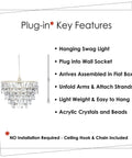 Plug In Crystal White Dome Chandelier With Five Tiers Of Clear Acrylic Crystals, white metal frame, features list.