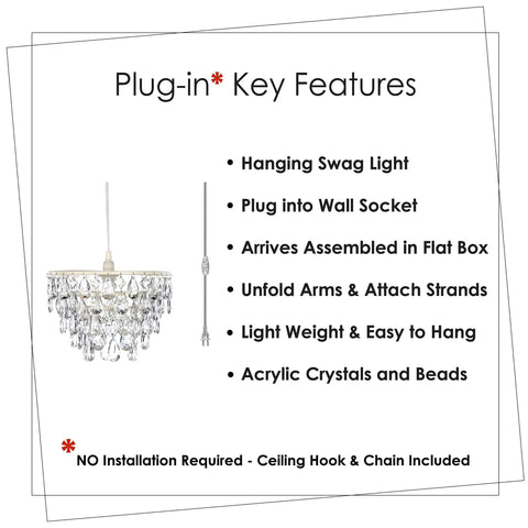 Plug In Crystal White Dome Chandelier With Five Tiers Of Clear Acrylic Crystals, white metal frame, features list.