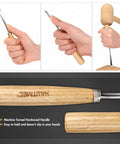 Six Piece Wood Carving Tools And Kickass CRV Steel Chisel Set With Rust Resistant Coating And Fishtail V Gouge Design For Fine Woodworking showing hardwood handle and grip.