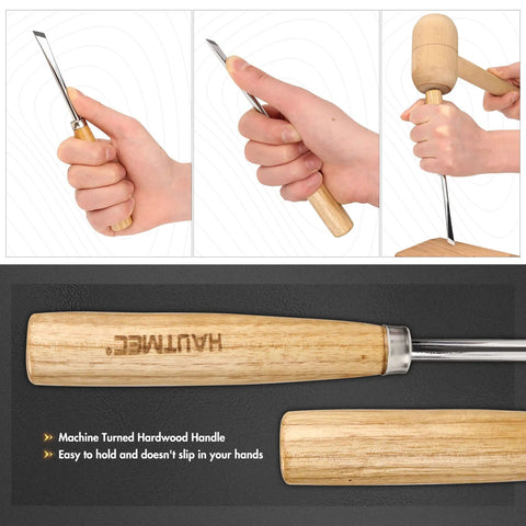 Six Piece Wood Carving Tools And Kickass CRV Steel Chisel Set With Rust Resistant Coating And Fishtail V Gouge Design For Fine Woodworking showing hardwood handle and grip.