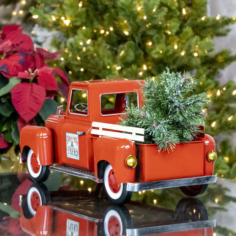 Red Metal Christmas Pickup Truck Outdoor Decor With Tree In Bed Totally Lit Powder Coated Weatherproof 18 Inch Ornament