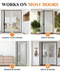 Double-Sided Magnetic Screen Door Fits 32x80 Inch Doors Left Or Right Opening shown on various door types including patio and French doors