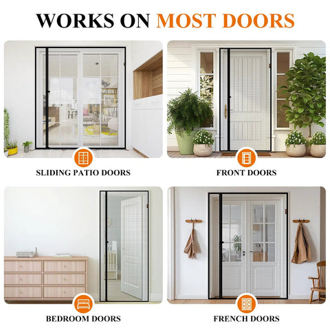 Double-Sided Magnetic Screen Door Fits 32x80 Inch Doors Left Or Right Opening shown on various door types including patio and French doors