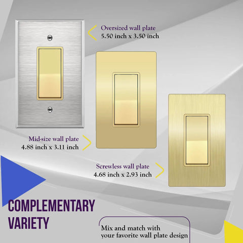 Elite Decorator Light Switch With Sleek Brushed Screwless Wall Plate, showing three wall plate sizes and finishes