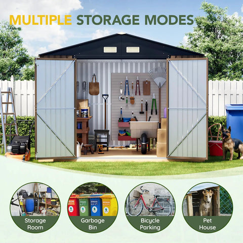 10x12 Ft Outdoor Storage Shed With Skylight Roof Panels, Beefy Rust-Resistant Metal Garden Tool Shed With Lockable Doors And Windows