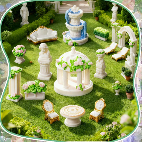 15 Pcs Mini Garden Furniture Ornaments Set For Do It Yourself Fairy Garden And Micro Landscape Decor Totally Durable Resin Patio Table Chair Bench Arch Fountain Statues Set displayed outdoors