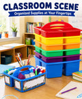 12 Pack Colorful Classroom Caddies With Three Compartments stacked in classroom with notebooks and stationery.