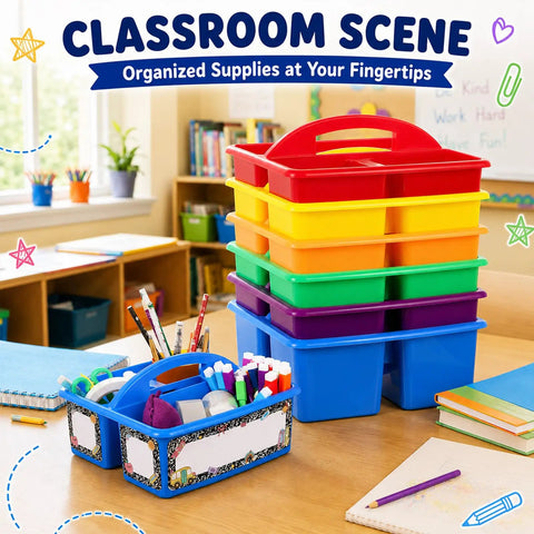12 Pack Colorful Classroom Caddies With Three Compartments stacked in classroom with notebooks and stationery.
