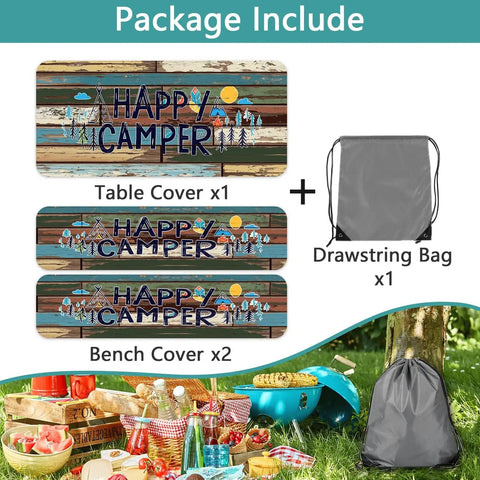 Outdoor Picnic Table Cover With Bench Covers And Bag 72x30 Inches 3 Piece Set Waterproof Windproof Happy Camper design