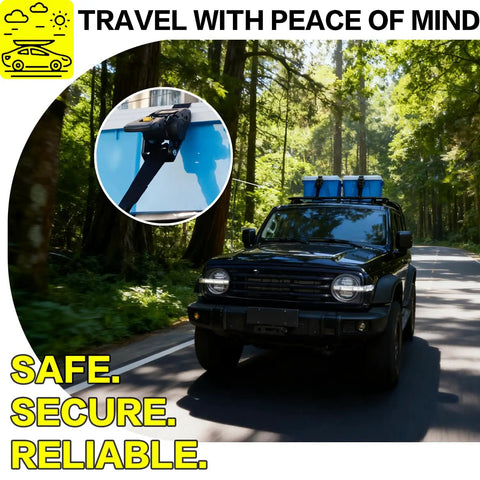 Heavy Duty Retractable Ratchet Straps Two Pack Tough As Nails Design showcased on a truck carrying gear through a forest road.