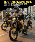 Three riders on Patrol Electric Bike For Adults And Teens With 4000W Peak Motor And 40 MPH Top Speed in urban setting