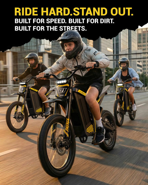 Three riders on Patrol Electric Bike For Adults And Teens With 4000W Peak Motor And 40 MPH Top Speed in urban setting