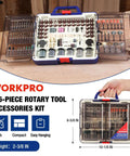 WORKPRO 476-piece rotary tool accessories kit in a blue and clear plastic case with assorted bits and grinding wheels
