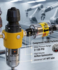 Close-up of air dryer for compressor inline water separator and tool oil 1/4 inch NPT moisture filter attached to pipes.