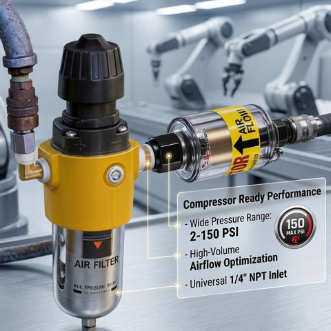Close-up of air dryer for compressor inline water separator and tool oil 1/4 inch NPT moisture filter attached to pipes.