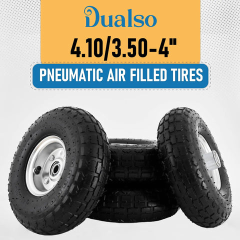 All Purpose 10 Inch Pneumatic Tire And Wheel Set For Cart Dolly Hand Truck Generator Lawn Mower Garden Wagon 4.10 By 3.50 By 4 Size Five Eighth Inch Axle Bore Double Sealed Bearings Four Pack