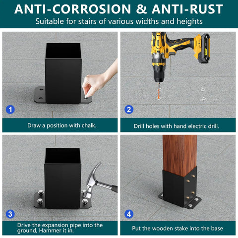 Step-by-step installation guide of Built Tough 4x4 Post Base Set Four Metal Black Deck Post Anchors For 4x4 Posts Inner Size Three Point Six By Three Point Six Inches Heavy Duty Wood Post Brackets To Stabilize Deck Porch Railing And Prevent Rust showing chalk marking, drilling, and securing post.