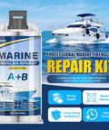 Boat Repair Kit For Fiberglass With Color Match Gel Coat, marine repair kit shown with yacht backdrop and gel coat features.