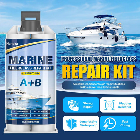 Boat Repair Kit For Fiberglass With Color Match Gel Coat, marine repair kit shown with yacht backdrop and gel coat features.