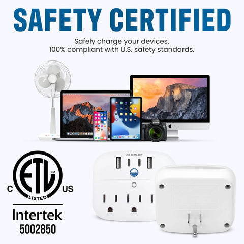 Safety certified non surge cruise power strip with two USB C ports, two USB A ports, and three AC outlets, front and back view.