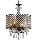 Antique Black Hanging Pendant Light With Crystal Drum Shade, Four Light Farmhouse Chandelier for elegant interior display.