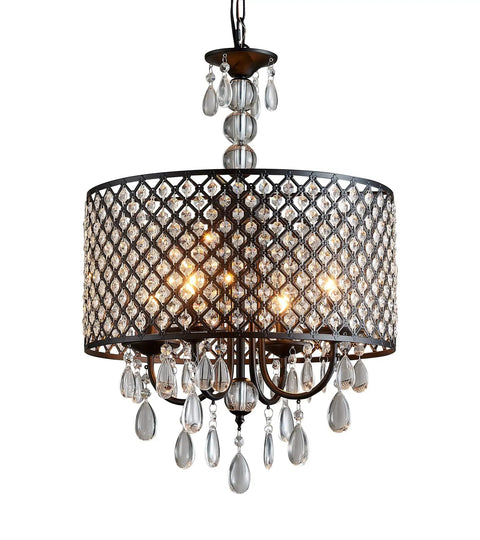 Antique Black Hanging Pendant Light With Crystal Drum Shade, Four Light Farmhouse Chandelier for elegant interior display.