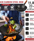 Cooking with Flat Bottom Carbon Steel Wok Pan 11.8 Inch Pre Seasoned For Stir Fry And Outdoor Cooking Open Fire BBQ Grilling Camping