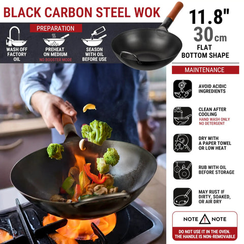 Cooking with Flat Bottom Carbon Steel Wok Pan 11.8 Inch Pre Seasoned For Stir Fry And Outdoor Cooking Open Fire BBQ Grilling Camping