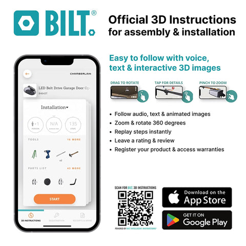 3D installation instructions for 3/4 HP Ultra Quiet Smart Belt Drive Garage Door Opener with text and app visuals.