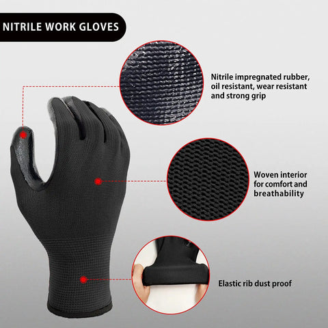 Nitrile Coated Work Gloves With Superior Oil Resistance And Strong Grip showing nitrile grip and breathable knit for garage work.