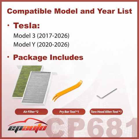 Image showing contents of Premium Activated Carbon Cabin Air Filter For Tesla Model 3 2017-2026 And Model Y 2020-2026 With PM 2.5 Filtration