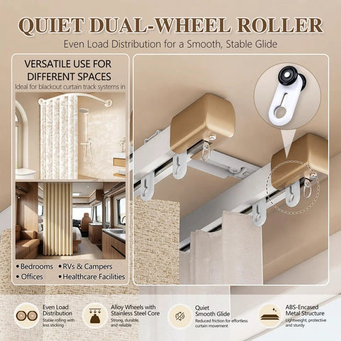 Top Tier Curtain Track Repair Kit Featuring Sixty Super Slick Dual Wheel Rollers And Rust Resistant S Hooks For No Fuss Window Treatments And A Straight Up Fresh Room Refresh Upgrade, showcasing smooth dual-wheel rollers in use.