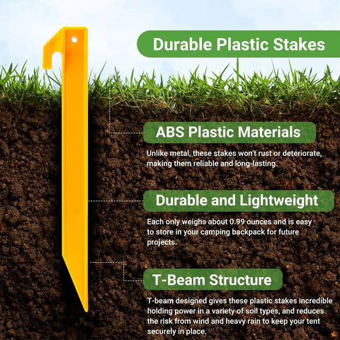 Heavy Duty 9 Inch Plastic Tent Stakes 10 Pack For Tents And Canopies shown with features on soil