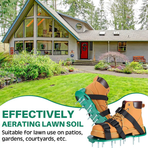 2 Pairs Lawn Aerator Shoes With Adaptable Straps Heavy Duty Spiked Sandals on green grass in front of modern house