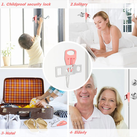 Pink Portable Door Locker For Travel And Home Security Easy To Use Door Lockdown on doors in various scenarios