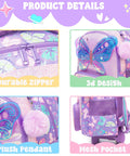 Children's butterfly rolling backpack with durable zipper, 3D design, plush pendant, and mesh pocket details.